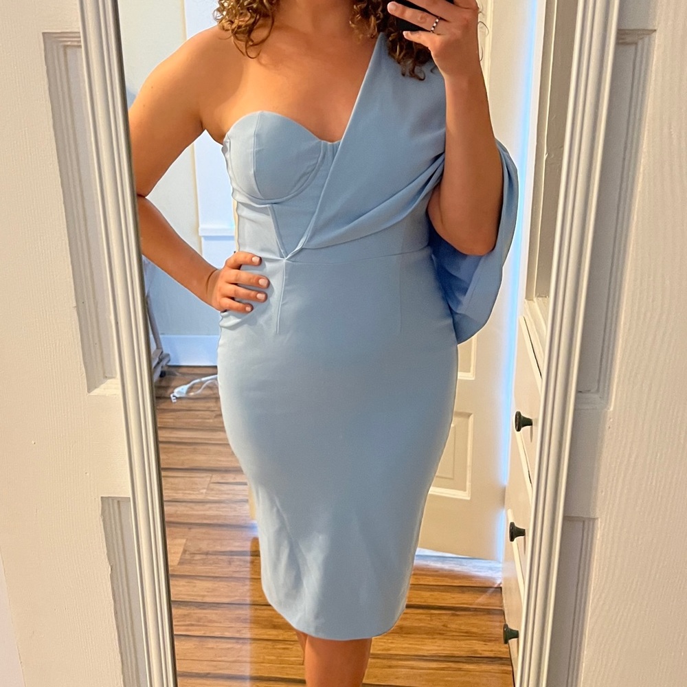 Lavish Alice One-Shoulder Cape Dress